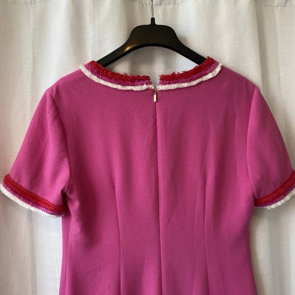 Trina Turk Pink Short Sleeve V-Neck Shift Dress Orange And White Fringe Sz 8 - Picture 11 of 14